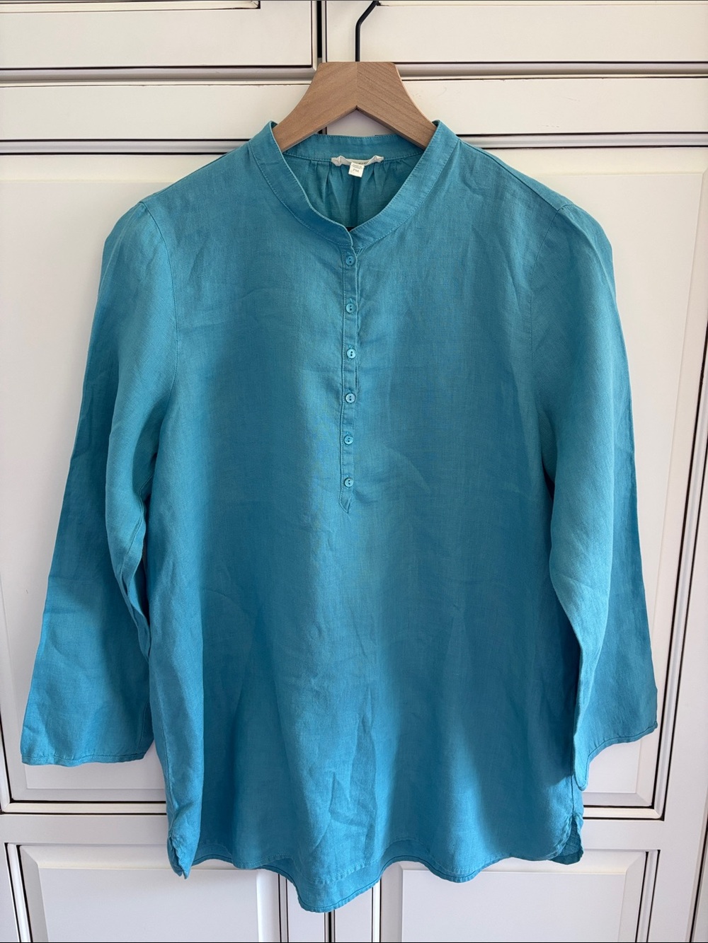 Eileen Fisher 100% Linen Teal Blue Long Sleeve Top Travel Women’s Medium Petite